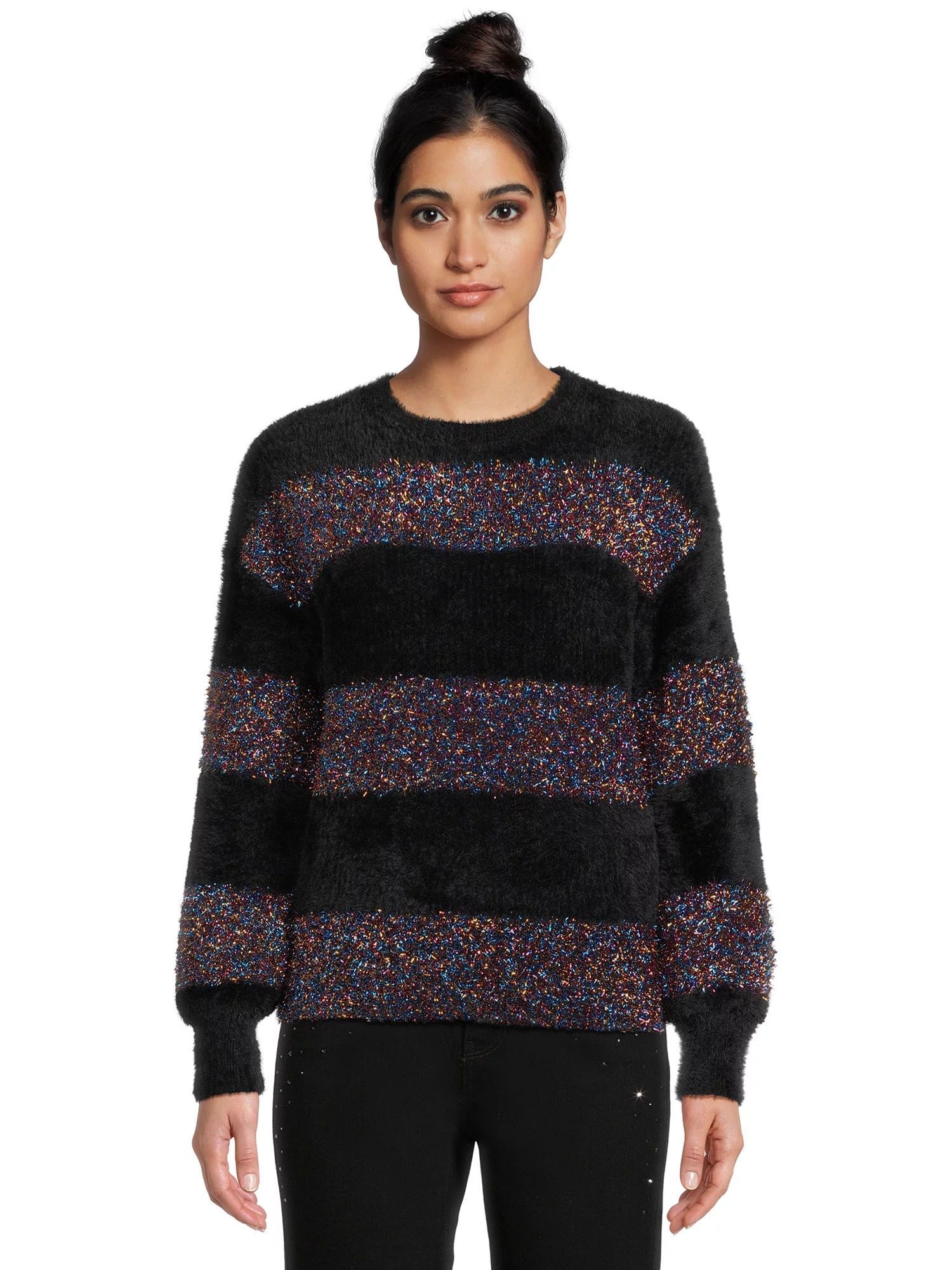 99 Jane Street Women's Metallic Stripe Pullover Sweater with Long Sleeves, Sizes S-3XL | Walmart (US)
