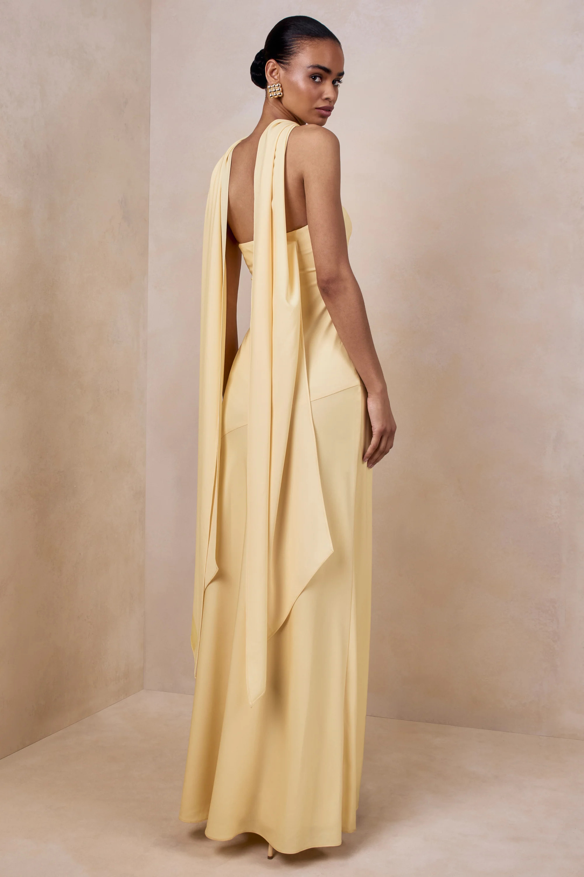 Charly | Lemon Matte Satin Bandeau Maxi Dress With Scarf-Detail | Club L London