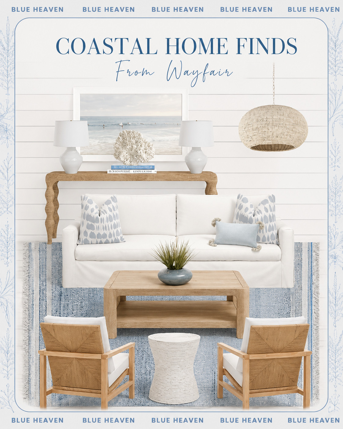 Beachy Living Room Design Beach house living room, coastal living room, coastal home, coastal style, coastal decor, beach house decor, beach home, neutral living room, wayfair couch, wayfair sofa, coastal sofa, white slip covered sofa, console table, upholstered armchair, 3 light dimmable drum chandelier, coastal chandelier, coastal table lamp, wayfair furniture, coastal rug, wayfair rug, blue and white rug, striped indoor outdoor rug, square coffee table, pottery barn coffee table, wood coffee table, round rattan accent table, coastal accent table, faux white standing bush coral, coastal pillows, Etsy pillows, blue and white pillow cover, coastal pillow cover, faux potted dandelion grass, chambray ceramic vase, coastal vase, coastal wall art, coastal art work

#LTKHome 

 #LTKuk #LTKsummer #LTKhome