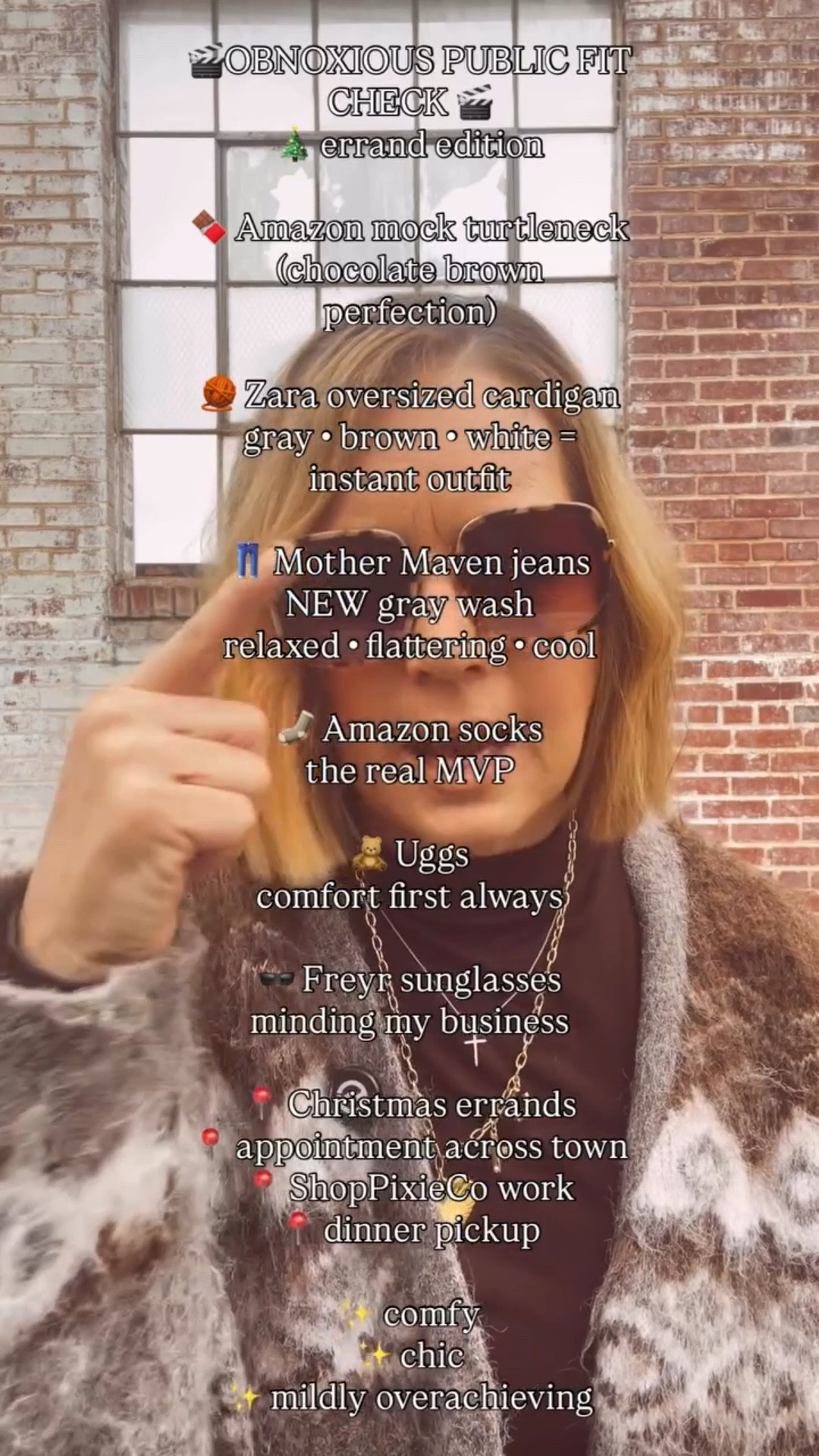🎬OBNOXIOUS PUBLIC FIT CHECK 🎬
🎄 errand edition

🍫 Amazon mock turtleneck
(chocolate brown perfection)

🧶 Zara oversized cardigan
gray • brown • white = instant outfit

👖 Mother Maven jeans
NEW gray wash
relaxed • flattering • cool

🧦 Amazon socks
the real MVP

🧸 Uggs
comfort first always

🕶️ Freyr sunglasses
minding my business

📍 Christmas errands
📍 appointment run
📍 ShopPixieCo co-work
📍 dinner pickup

✨ comfy
✨ chic
✨ mildly overachieving

🔗 Comment PIXIE for the links.
Thx! Jill

#over50style
#midlifestyle
#womenover50
#everydayoutfits
#casualchicstyle
#styledaily
#reelsfashion
#outfitinspo
#modernmidlife
#agelessstyle

Comment PIXIE below to receive a DM with the link to this post on my LTK ⬇ https://liketk.it/5H47n #ltkover40 #ltkootd #ltkgrwm