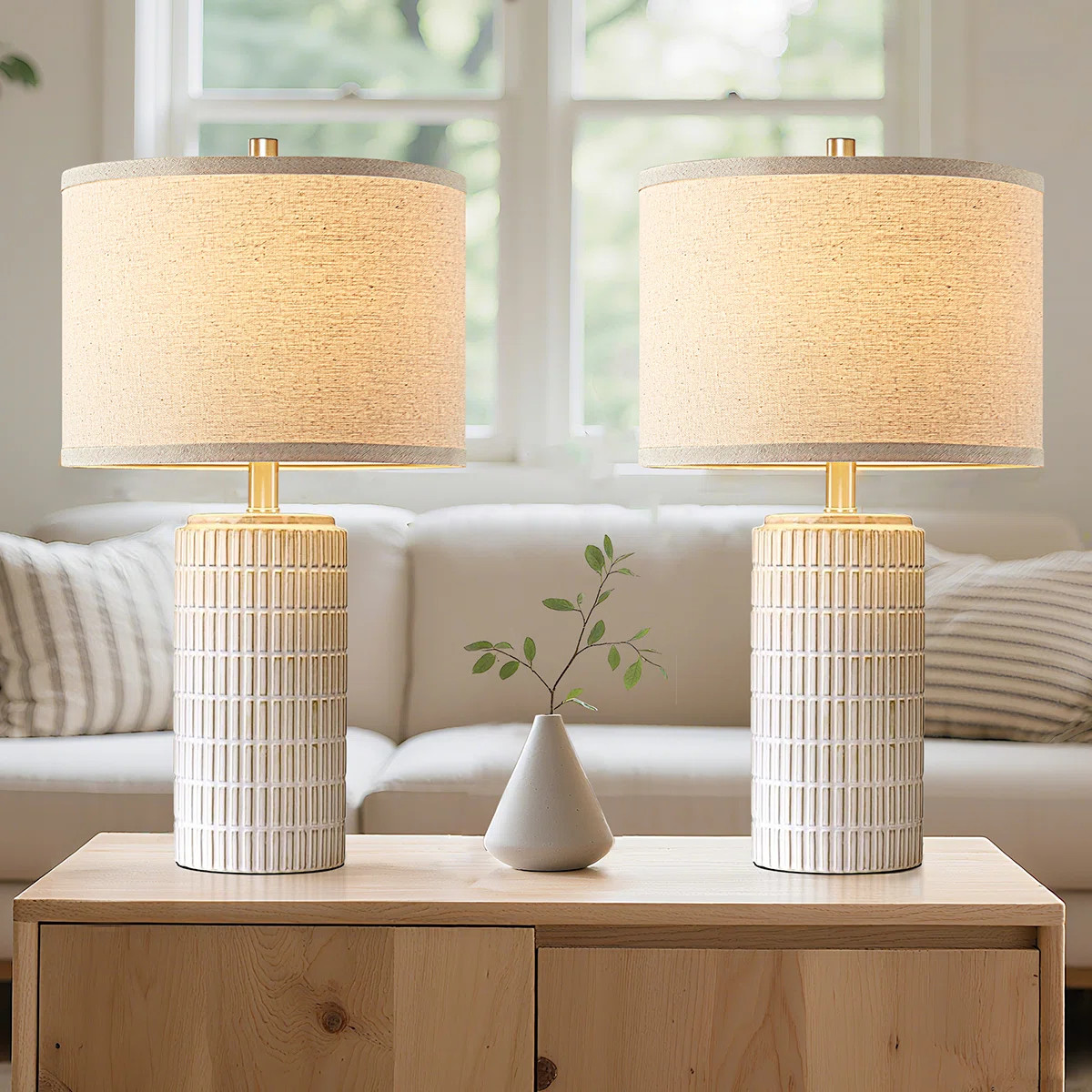 23"Modern Grid-Textured white Ceramic Table Lamp for Living Room Bedroom, Bedside Table, Free Bul... | Wayfair North America