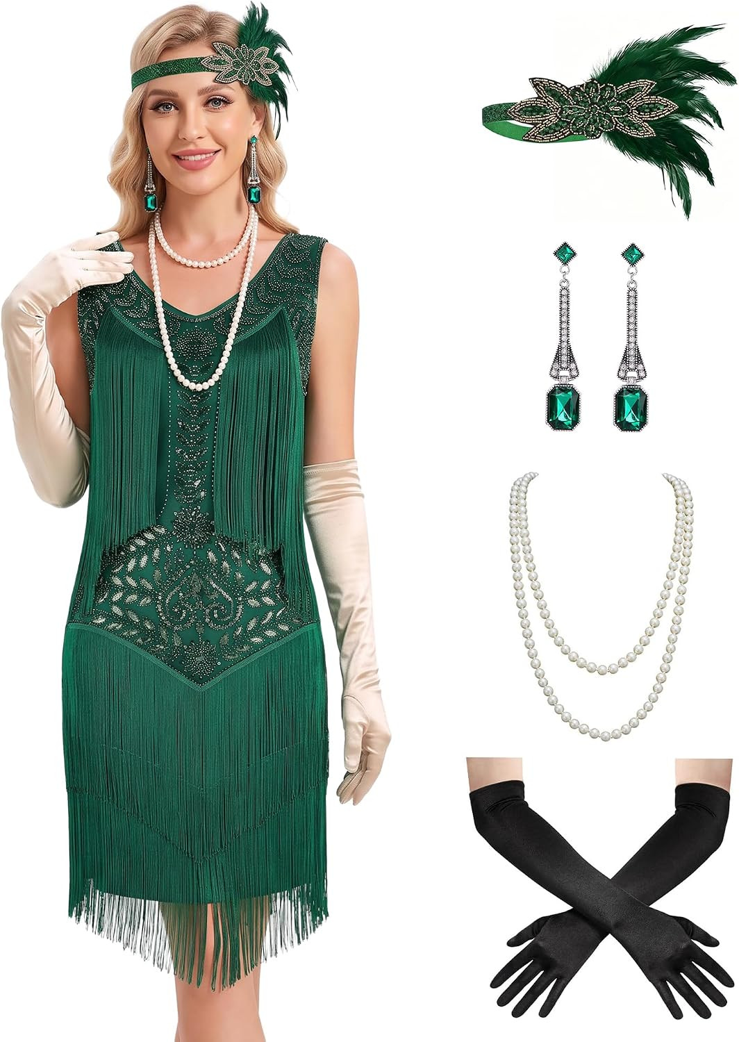 Womens Sleeveless 1920s Flapper Dress Sequin Fringe Costume Set | Amazon (US)