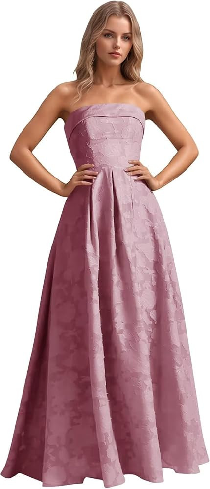 Jacquard Floral Prom Dresses Strapless Maxi Evening Gowns A-Line Ruched Formal Party Dress Elegan... | Amazon (US)