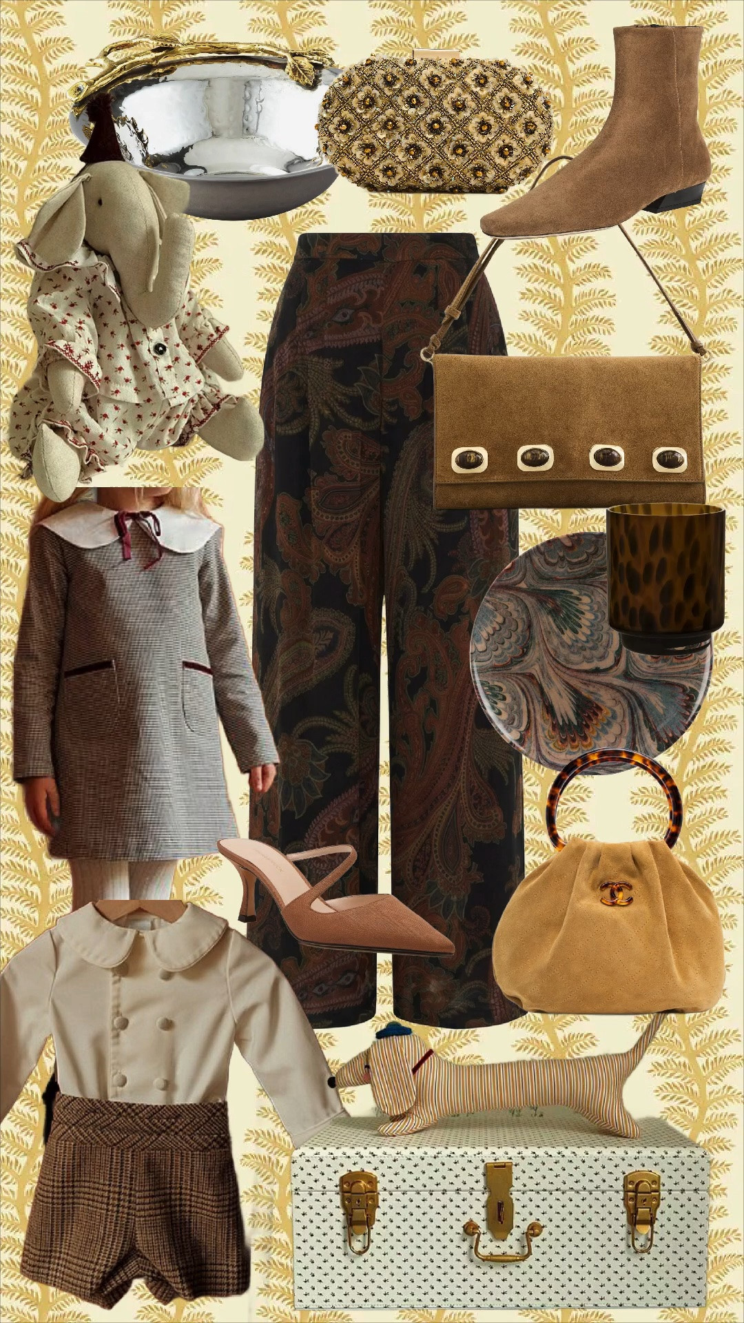 Fall, but make it heirloom chic 🤎🍂 Rich paisley, warm suede, tortoise details and classic children’s pieces give this edit that perfectly collected, old-world feel. I love the mix of fashion + home + little luxuries that feel like they could have been gathered over generations. Everything is linked in LTK!

Product List

1. Silver serving bowl with bamboo-style detail
2. Beaded floral evening clutch
3. Tan suede ankle boots
4. Maileg-style mouse doll in floral pajamas
5. Brown paisley wide-leg pants
6. Tan suede statement shoulder bag
7. Tortoiseshell glass hurricane/candle holder
8. Marbled decorative plate
9. Girls’ checked coat with contrast velvet trim
10. Brown pointed-toe slingback heels
11. Chanel suede tortoiseshell-handle bag
12. Boys’ ivory double-breasted jacket
13. Boys’ brown plaid shorts
14. Striped dachshund decorative pillow/toy
15. Vintage-style patterned storage trunk

Hashtags

#FallStyle #FallFashion #GrandmillennialStyle #TraditionalStyle #ClassicStyle #HeirloomStyle #FallHomeDecor #LTKStyle #LTKHome #TheBrokeBrooke