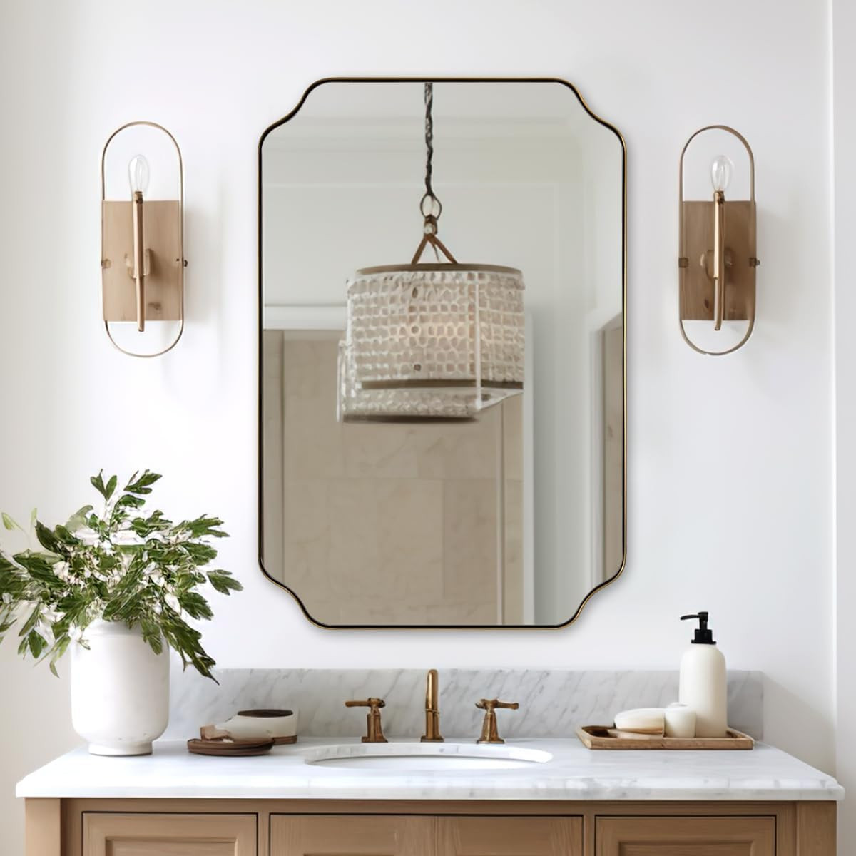 24"x36" Gold Mirror, Brushed Brass Scalloped Wall Mirror, Bathroom Mirror for Vanity, Wall Mirror with Aesthetic Scalloped Edge Design Ideal for Bathroom, Bedroom or Entryway | Amazon (US)