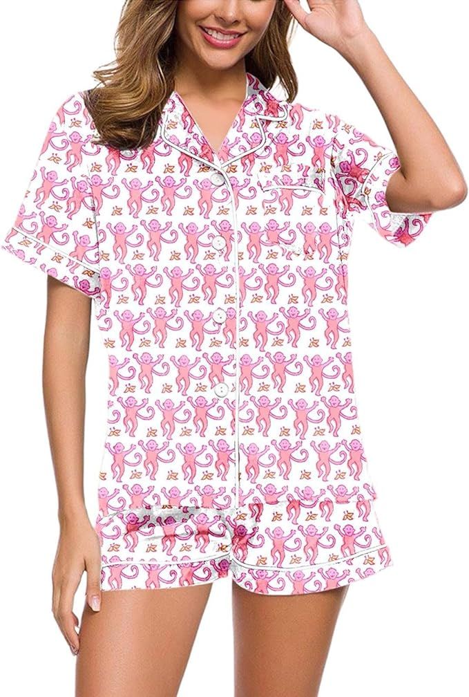 Women 2 Piece Floral Pajamas Set Y2k Short Sleeve Monkey Bunny Tiger Floral PJ Shorts Set Roller ... | Amazon (US)