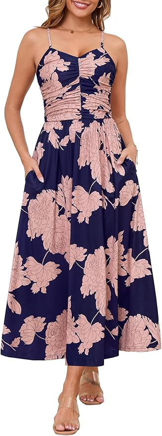 Annebouti Women 2026 Summer Spring Ruched Maxi Dress Adjustable Spaghetti Strap Floral Beach Long... | Amazon (US)