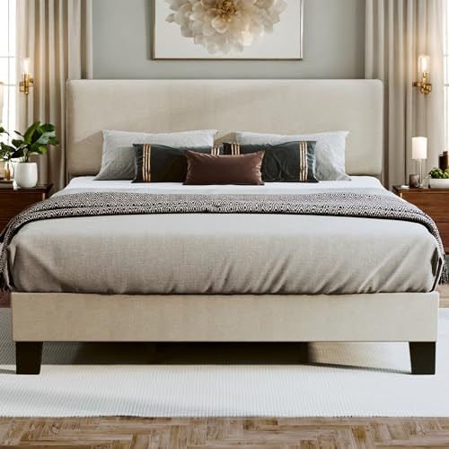 Fluest King Bed Frame Upholstered Bed Frame Platform with Adjustable Headboard Linen Fabric Headboard Wooden Slats Support/No Box Spring Needed/Easy Assembly/Mattress Foundation, Beige | Amazon (US)