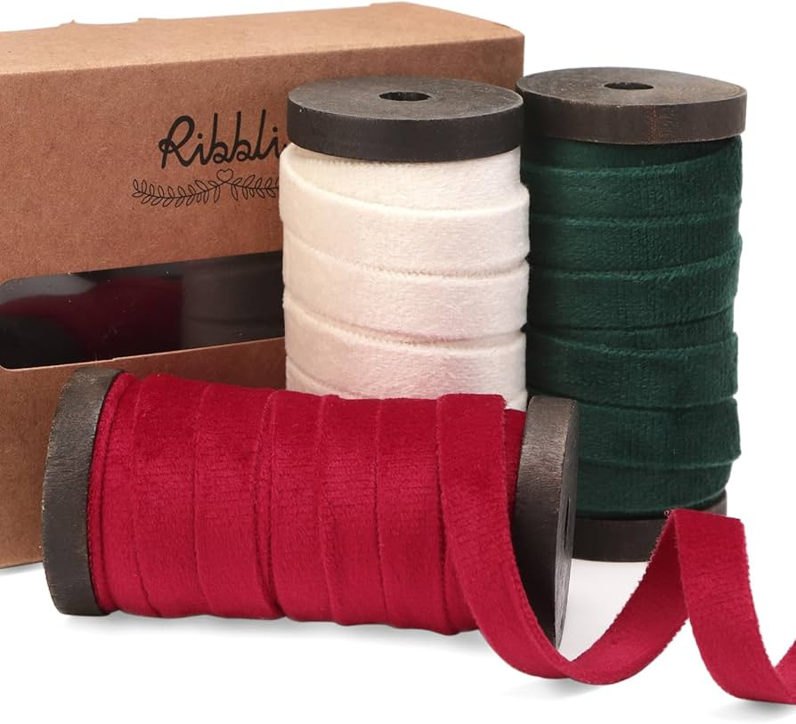 Ribbli Red White Green Velvet Ribbon 3 Rolls Double Faced 3/8 Inch 18-Yard with Wooden Spool Use ... | Amazon (US)
