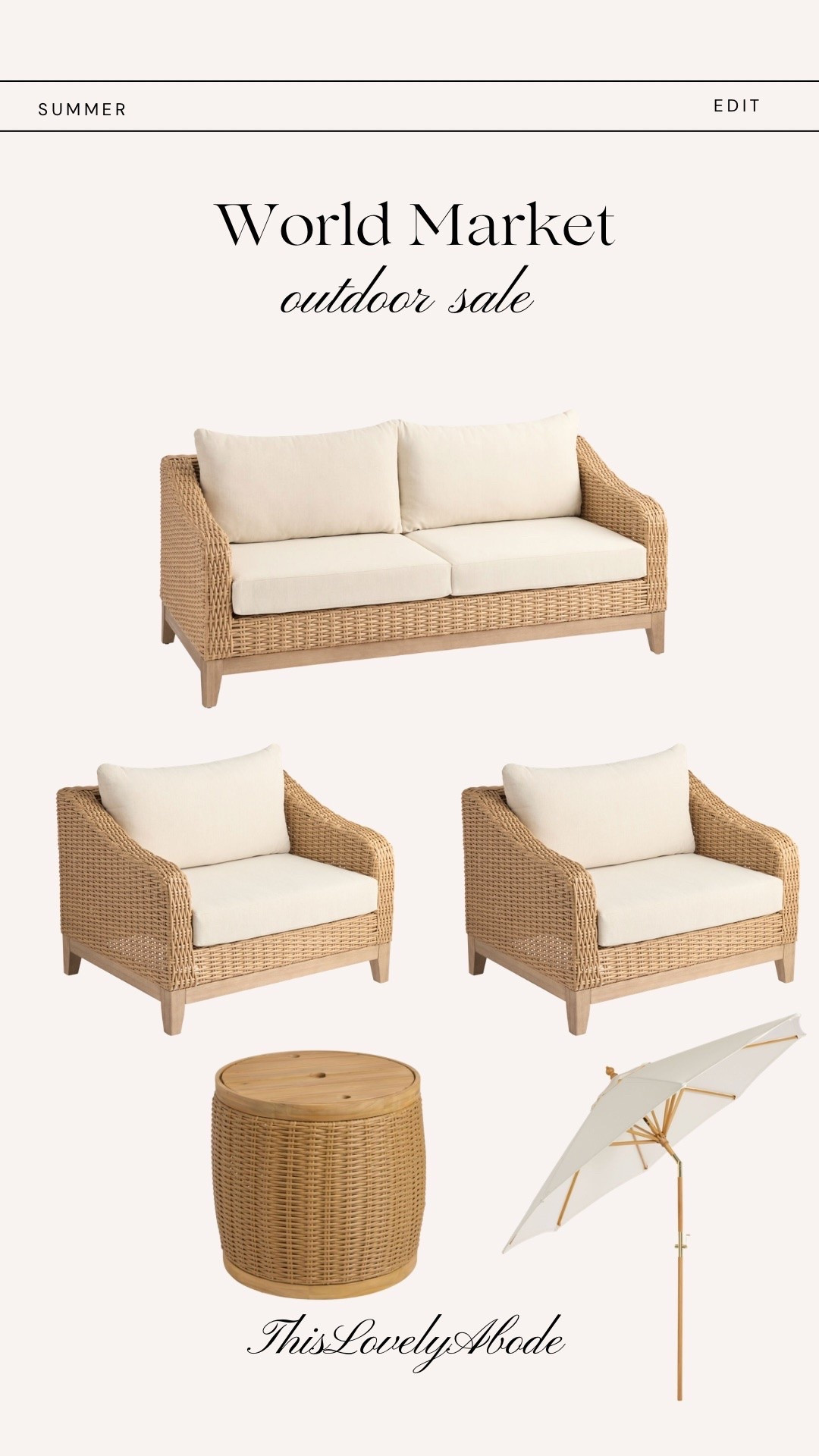 World Market outdoor sale! Loving this gorgeous wicker patio set. 
#worldmarket #patioset #patiofurniture #outdoordecor #outdoorumbrella #accenttable