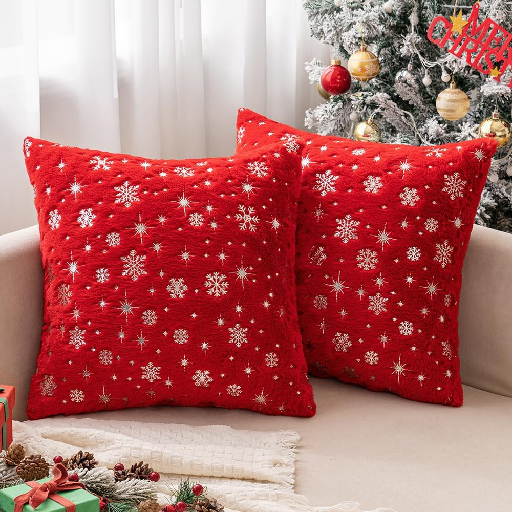 MIULEE Christmas Decorations Pillow Covers 18x18 Red Silver Snowflake | Amazon (US)