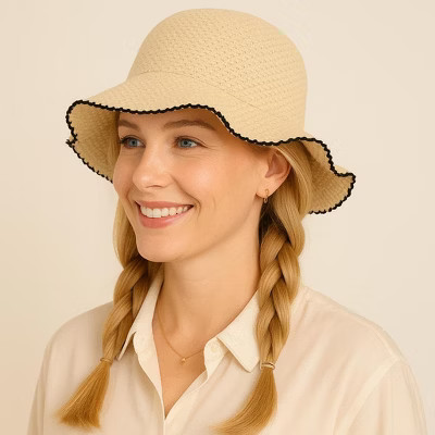 Anna-Kaci Women's Crochet Bucket Hat with Scalloped Edge Detail and Soft Lightweight Construction - Beige | Target