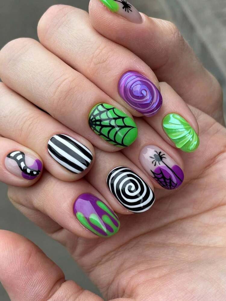 24pcs Cute Nail Supplies Art 3D Gel Spider Web Spider Stripes Halloween Press On Nails Short | SHEIN