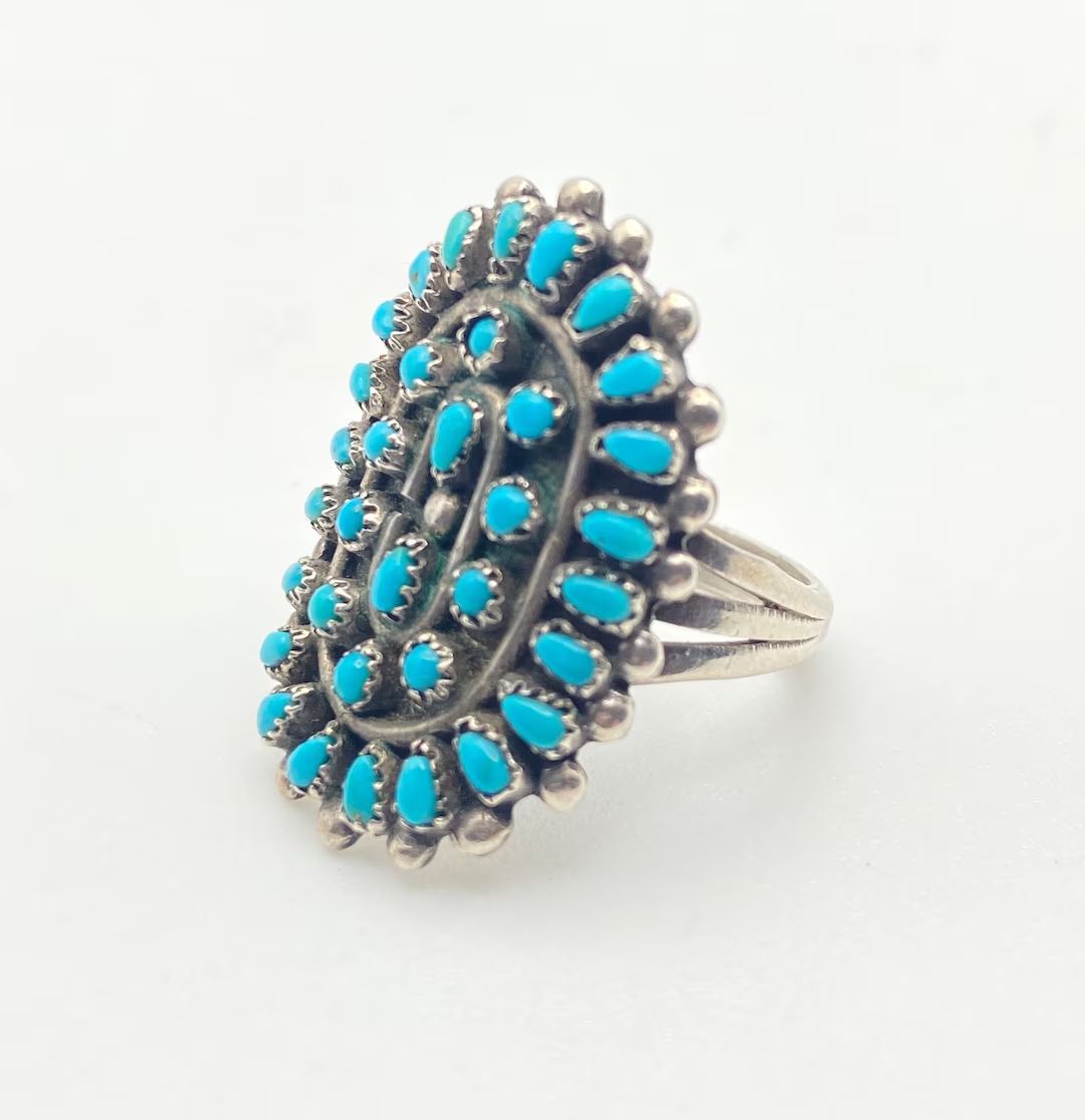 Vintage Zuni Turquoise and Sterling Silver Cluster Ring - Etsy | Etsy (US)