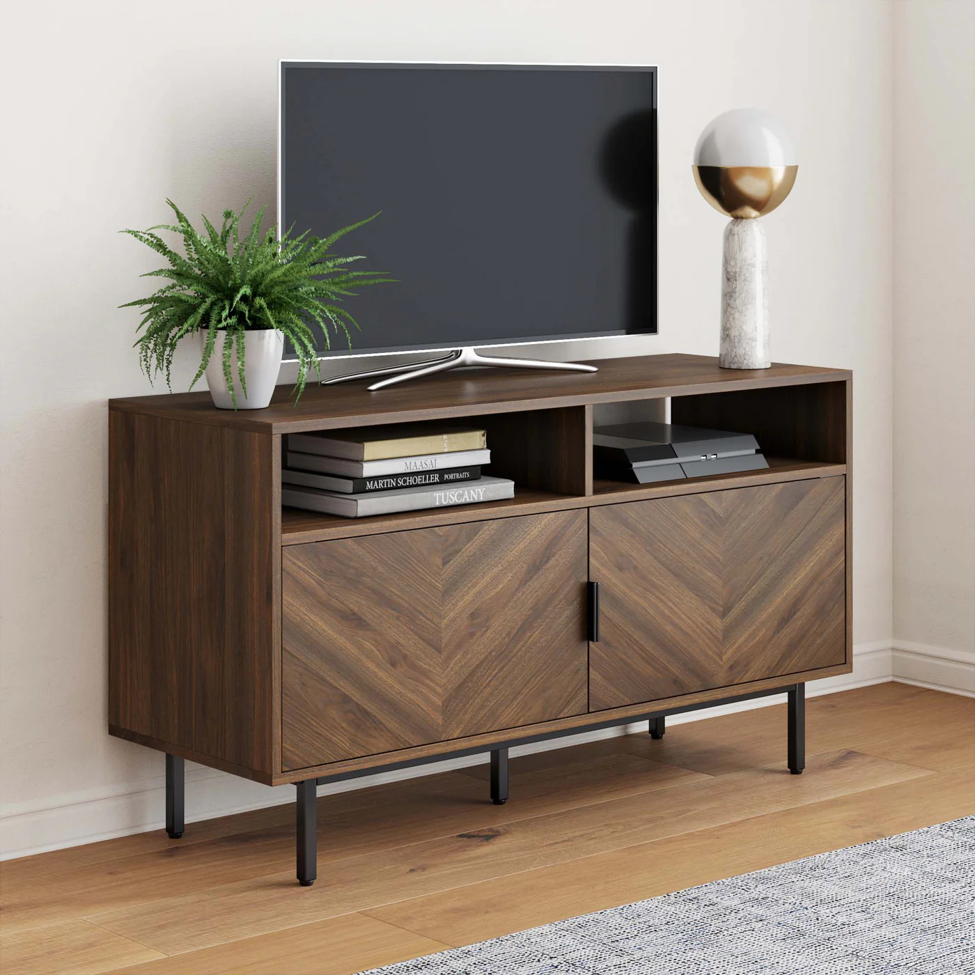 Wood Herringbone TV Cabinet Walnut | Nathan James