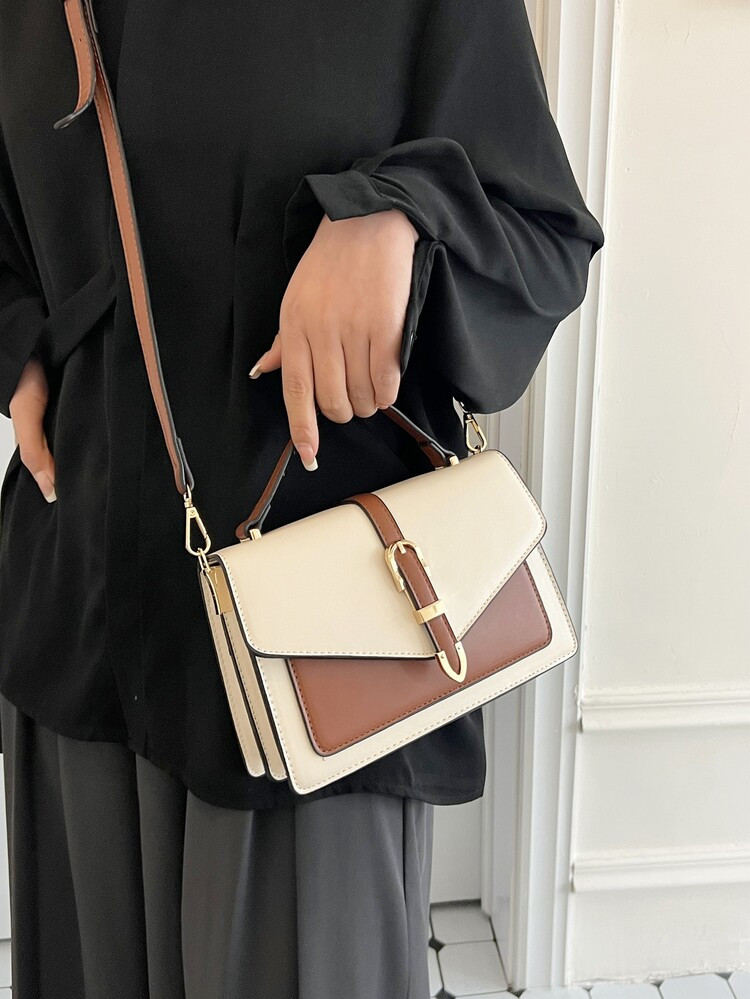 Bolsa quadrada dois tons decoração de fivela pu aba para diário | SHEIN