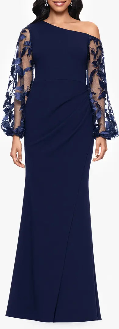One Shoulder Sheer Embroidered Long Sleeve Sheath Gown | Nordstrom