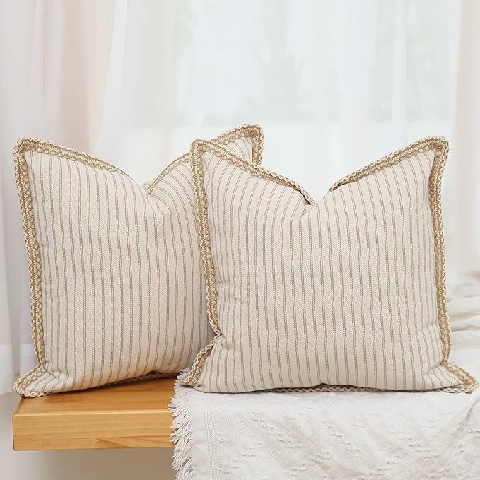 Hckot Khaki and Beige Farmhouse Throw Pillow Covers 18x18 Inch, Pack of 2 Decorative Striped Line... | Amazon (US)