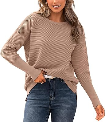 BTFBM Fall Sweaters for Women 2025 Casual Long Sleeve Sweater Striped Loose Fit Pullover Tops | Amazon (US)