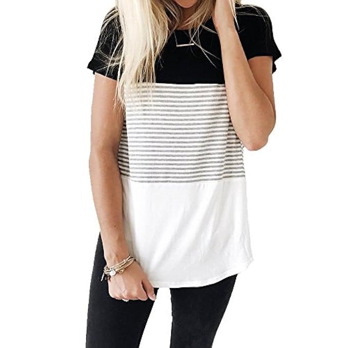 FOMANSH Women's Tops Short Sleeve Round Neck Striped Color Block T-Shirts Casual Blouse | Amazon (US)