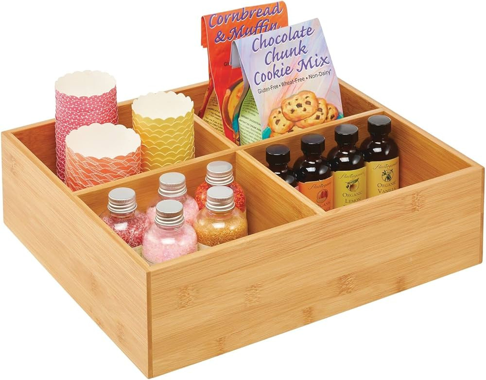 mDesign Bamboo Kitchen Pantry Organizer Bin Box, 4 Sections - Wooden Stackable Basket Crates for ... | Amazon (US)