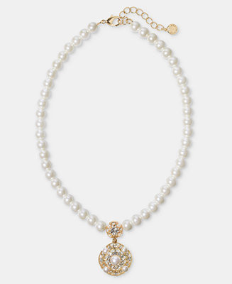 Crystal & Imitation Pearl Statement Pendant Necklace, 16" + 2" extender | Macy's