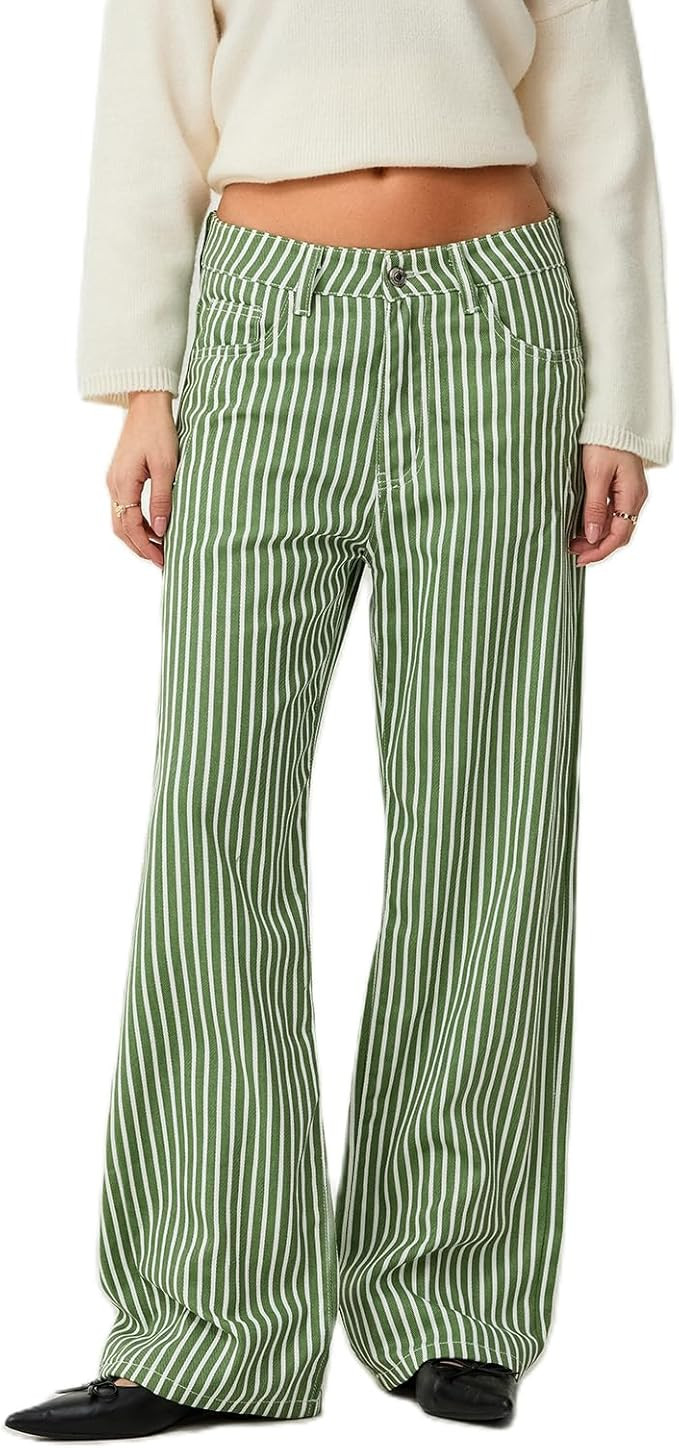 Mxiqqpltky Y2k Striped Bell Bottom Jeans Women High Waisted Boyfriend Denim Pants Baggy Wide Leg ... | Amazon (US)