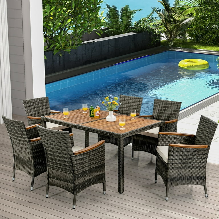 Costway 7PCS Patio Rattan Dining Set Acacia Wood Table Cushioned Chair Mix Gray | Walmart (US)
