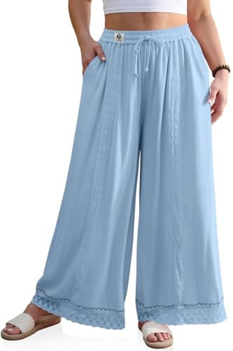 TARSE Womens Linen Wide Leg Pants Loose Boho Lounge Beach Vacation Flowy Lace Summer Pants with Pocket(AquaBlue,L) | Amazon (US)
