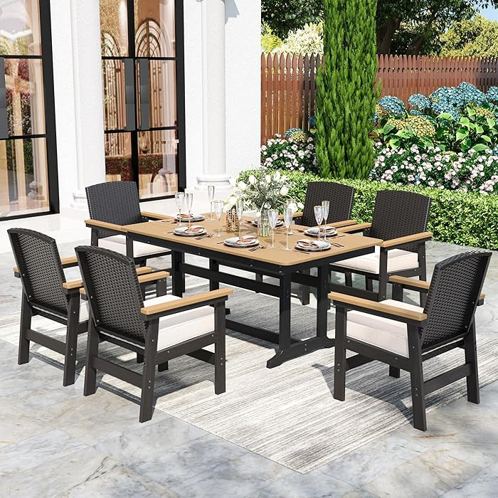 7 Piece HDPE Outdoor Dining Set for 6, 64” All Weather Wood-grain Dining Table, 6 Wicker Rattan... | Amazon (US)