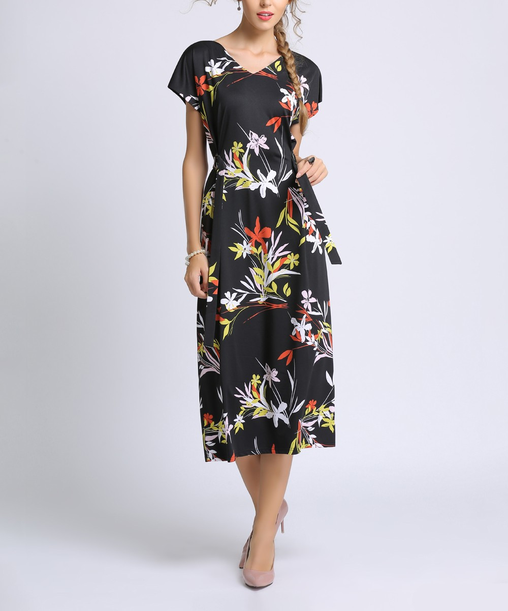 Coeur de Vague Women's Casual Dresses Black - Black Floral Tie-Waist Midi Dress - Women | Zulily