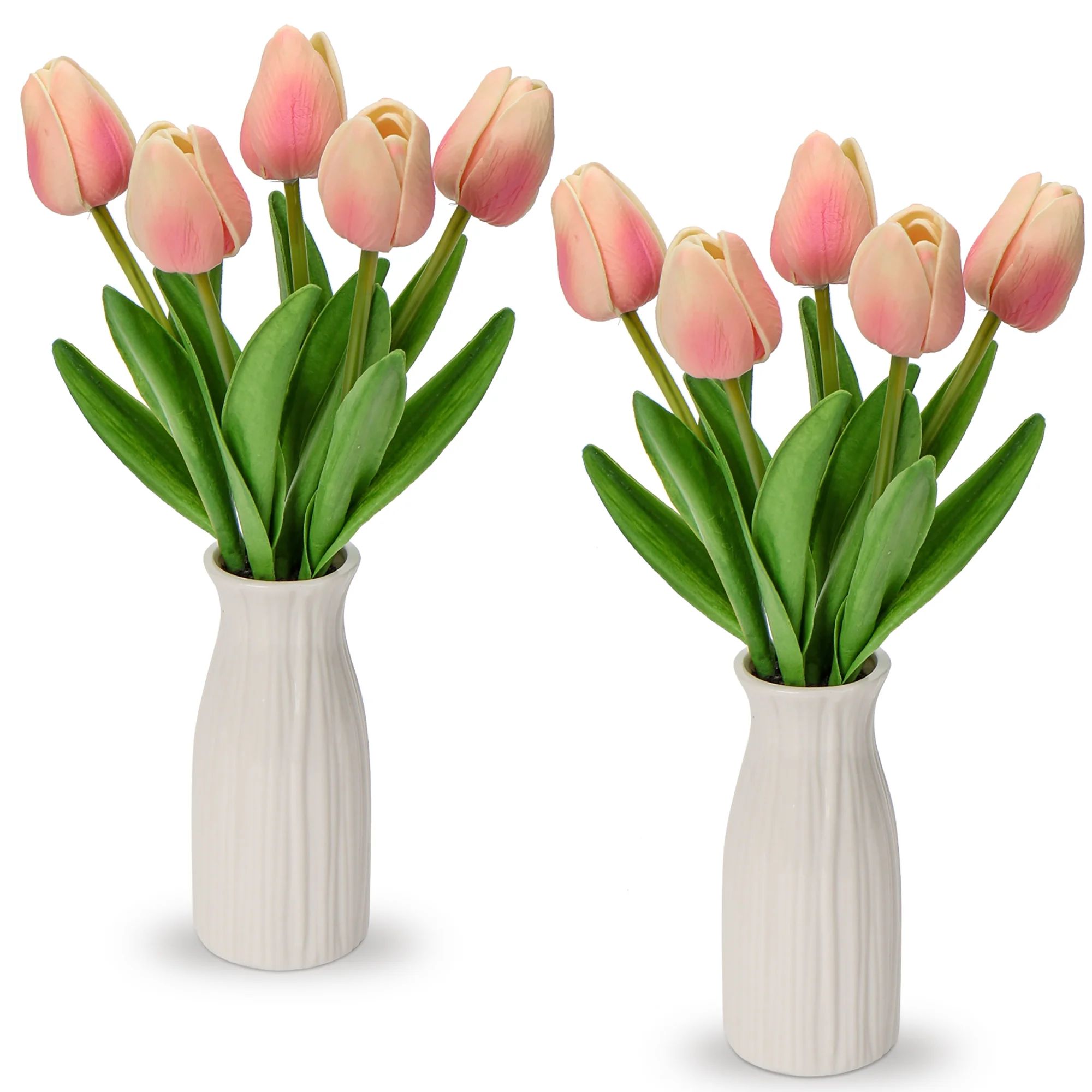 2 Pcs Tulips Artificial Flowers with White Ceramic Vase Faux Pink Flowers Tulips Dining Table Cen... | Walmart (US)
