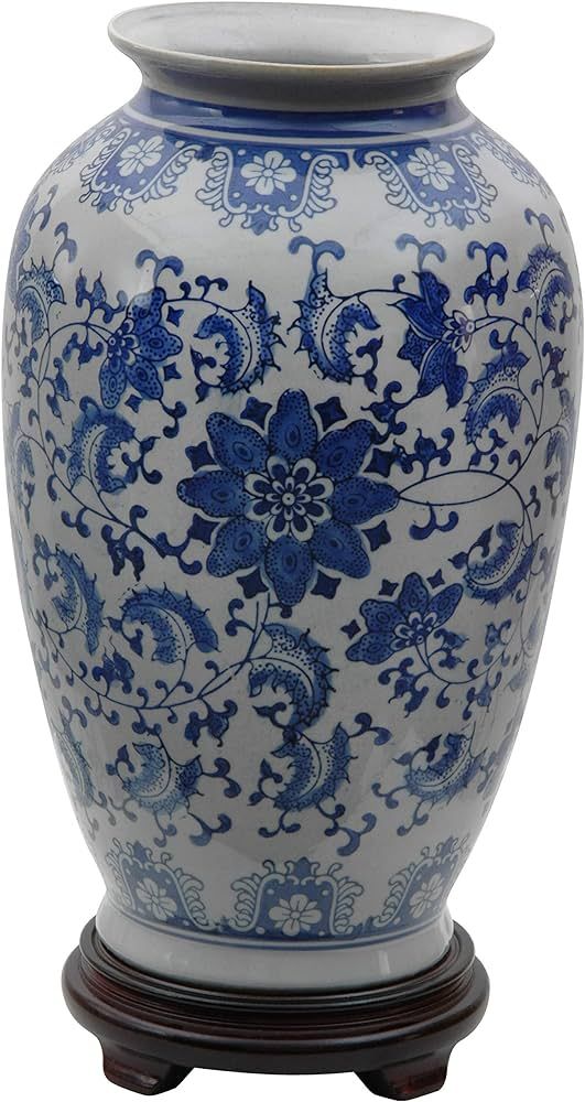 Oriental Furniture 14" Floral Blue & White Porcelain Tung Chi Vase | Amazon (US)