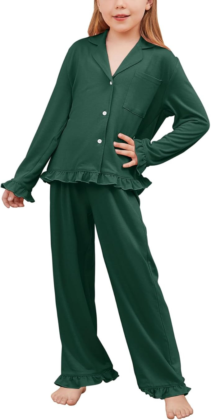 QPANCY Girls Pajamas Sets Ruffle Long Sleeve Button Down Sleepwear Loungewear kids 2 Piece Pjs Se... | Amazon (US)