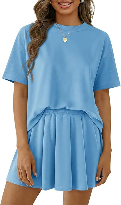 Wenrine Womens 2 Piece Outfits Casual High Low Tops Pleated Shorts Sets Loose Summer Matching Lou... | Amazon (US)
