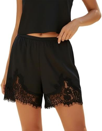 Women Lace Trim Satin Silk Shorts Y2K Patchwork Silky Mini Shorts Elastic Waist Pajama Slip Botto... | Amazon (US)