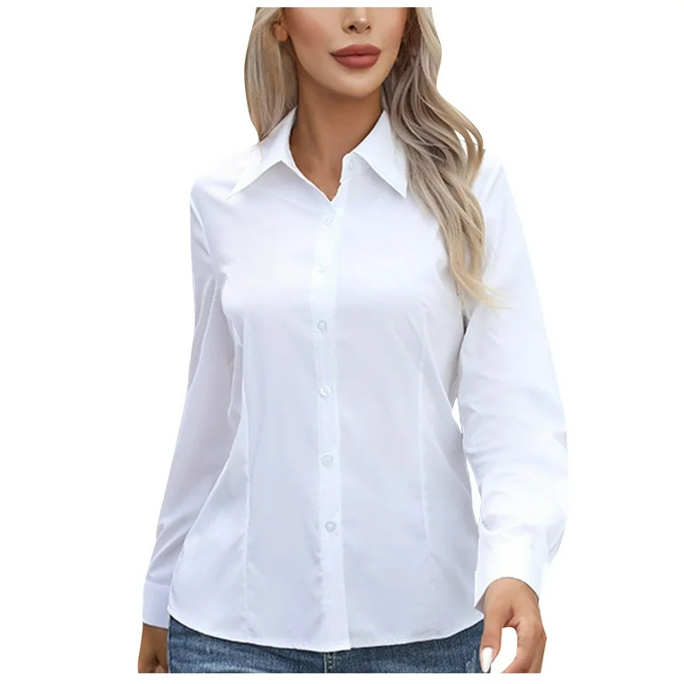 BLVB Women's Button down Shirts Long Sleeve Blouses Formal Collared Dress Shirts V Neck Tops Offi... | Walmart (US)