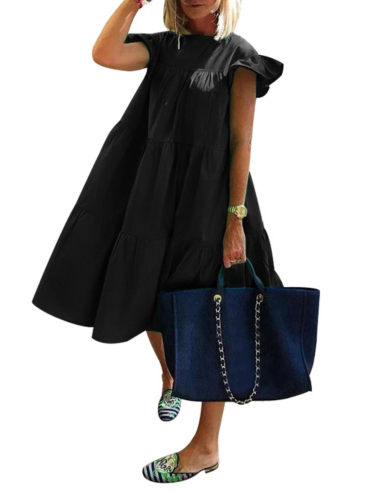 VONDA Women's Crew Neck Casual Short Sleeve Ruffle-Trim Summer Mini Dresses - Walmart.com | Walmart (US)