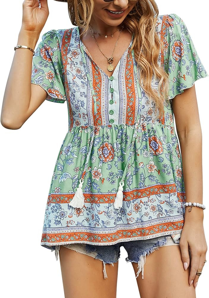 KAYWIDE Women's Floral Print V Neck Ruffle Short Sleeve Summer Shirts Tops Casual Loose Boho Blou... | Amazon (US)