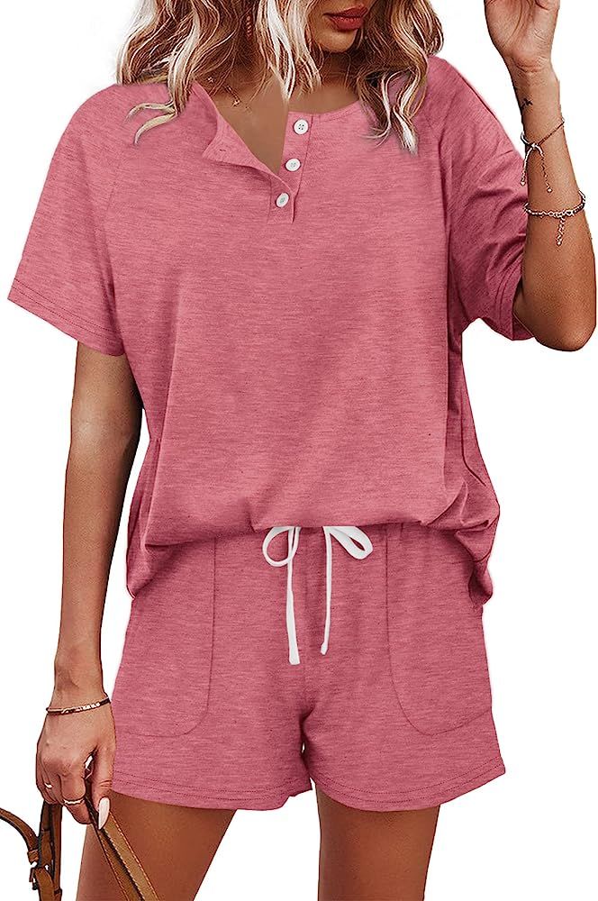 WIHOLL Two Piece Outfits for Women Lounge Sets Button Down Top and Shorts Set Sweatsuits with Pocket | Amazon (US)