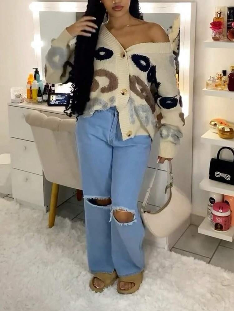 Women's Autumn Winter Streertwear Casual Cute 3D Letter Embroidery Knitted Sweater Cardigan Top B... | SHEIN