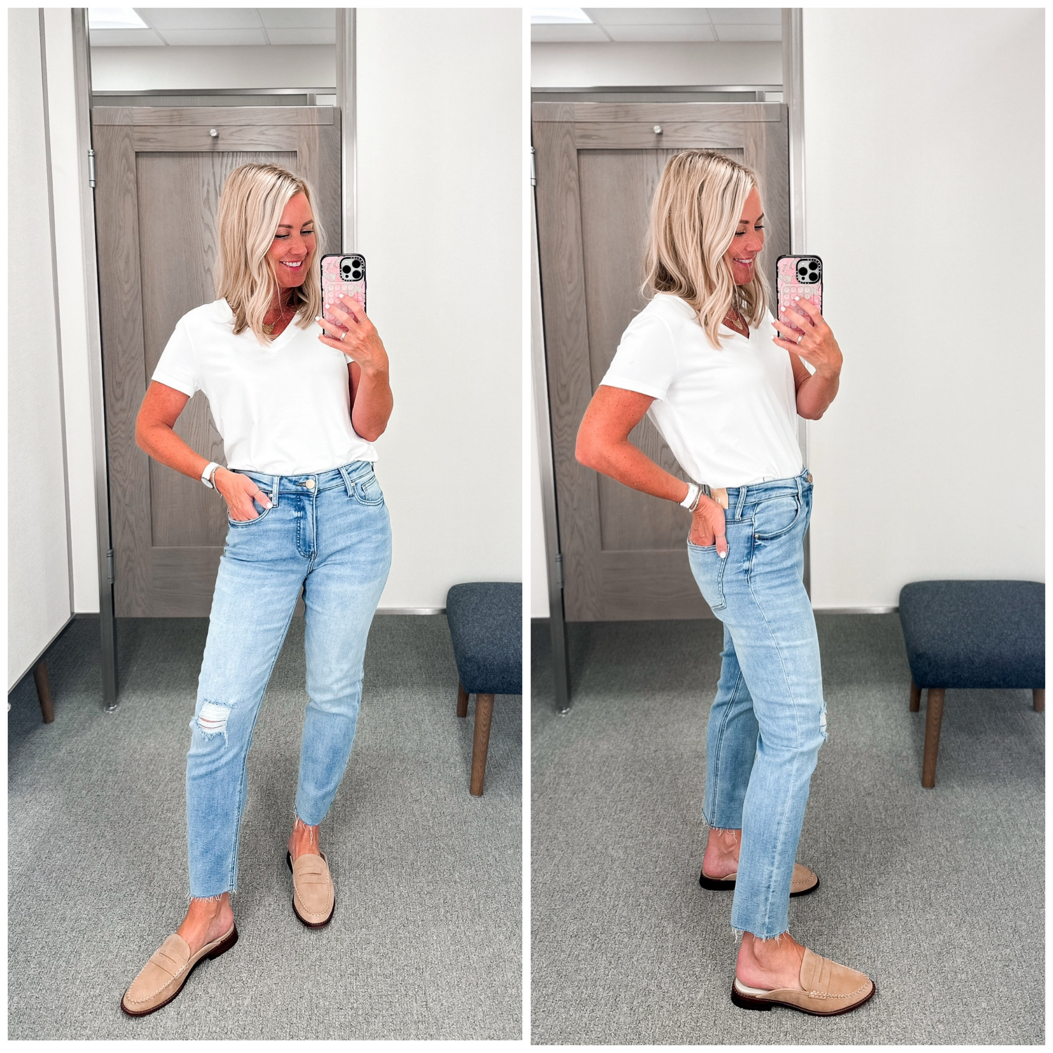 Comfy Jean with high rise, straight leg & subtle distressing. And under $75! 

I’m in a 2 jeans and small tee  

#LTKxNSale #LTKOver40