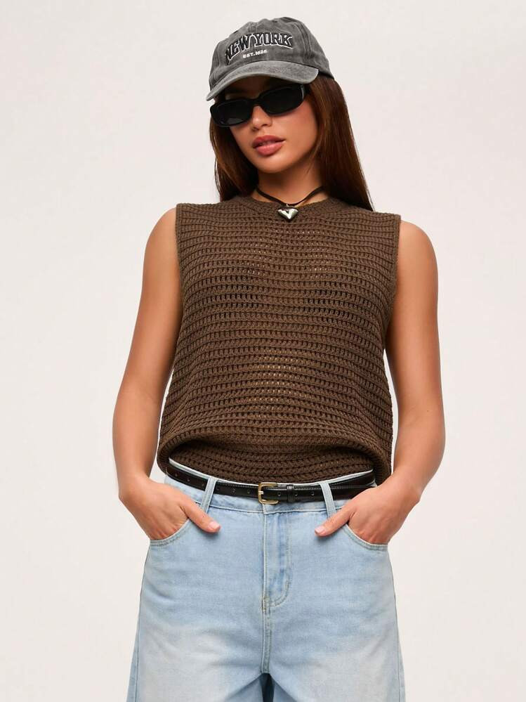 SHEIN BASICS Women's Casual Solid Color Crew Neck Sleeveless Regular Knit Top | SHEIN