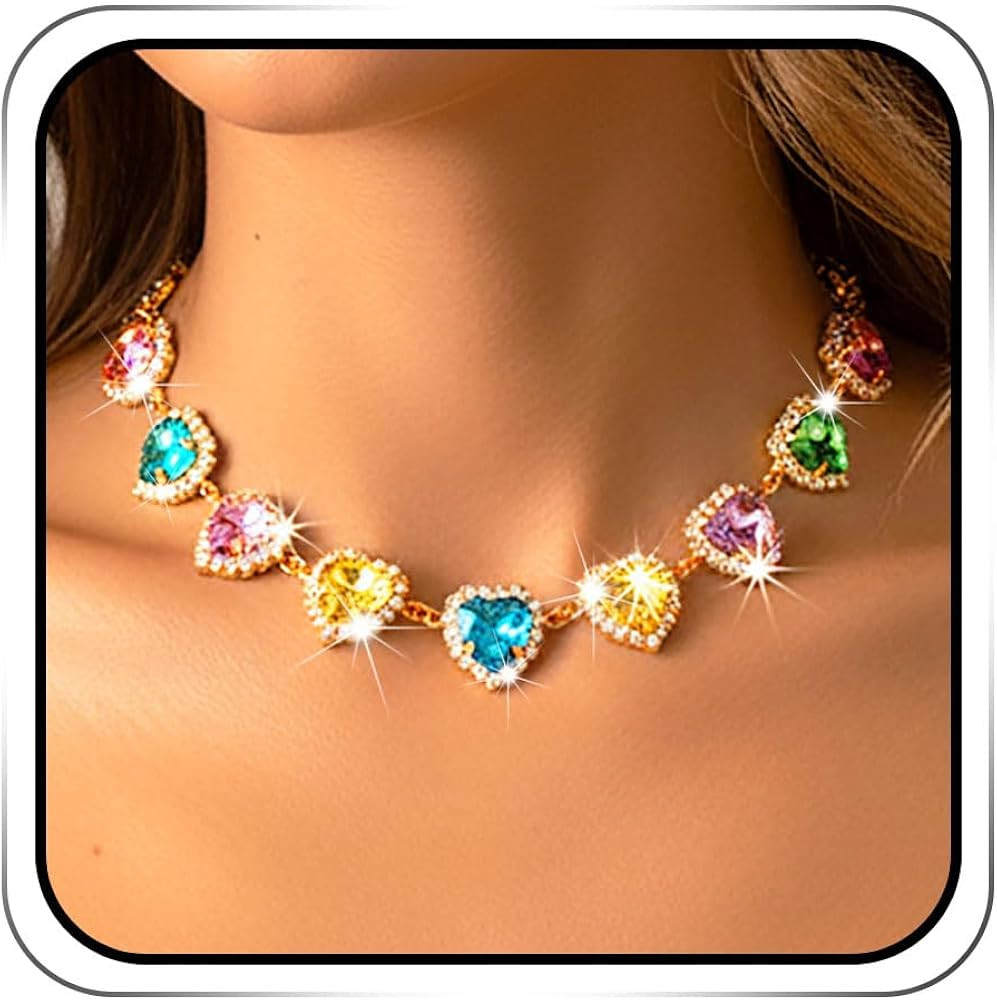 ACEDRE Heart Colorful Crystal Choker Necklace Rainbow Rhinestone Charm Necklaces Jewelry for Wome... | Amazon (US)