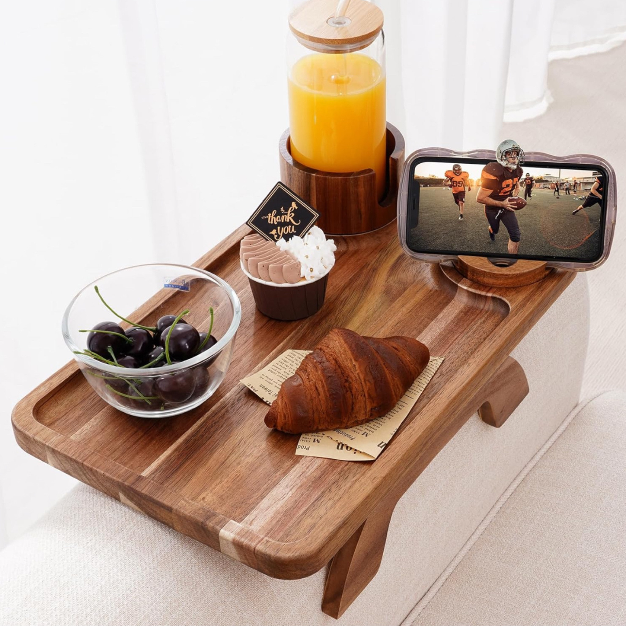 Nnewvante Couch Cup Holder Tray, 3 in 1 Large 15.36"x9.85" Acacia Wood Sofa Arm Clip on Tray Table with 360°Rotated Phone Holder on Armrest

#LTKGiftGuide #LTKHome
