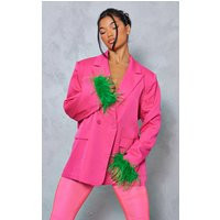 Bright Pink Contrast Feather Cuff Detail Oversized Blazer | PrettyLittleThing US