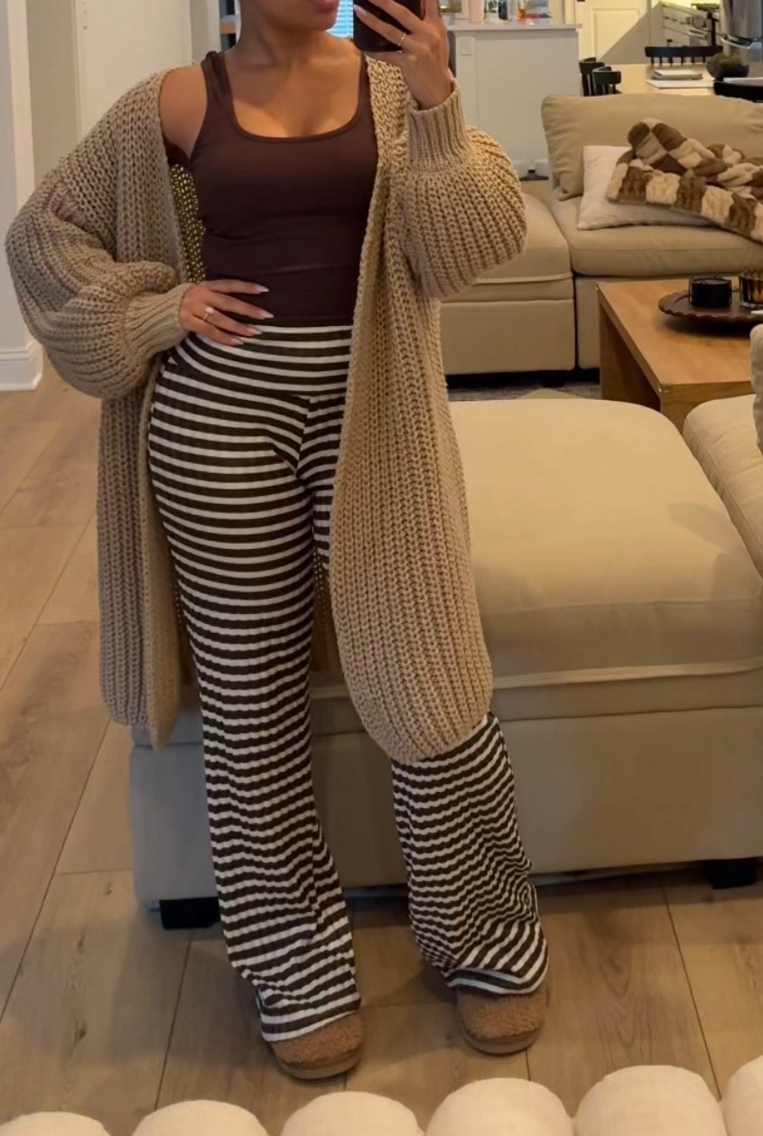 Cozy striped leggings🤎 I’ve had these sitting in the closest for so long and finally put them on and WOW they are so comfy. They feel like pajama pants but are so cute. SHEIN snaps once again!

Tank top and cardigan are from fashion nova! 

#LTKootd #LTKmomlife #LTKFindsUnder50