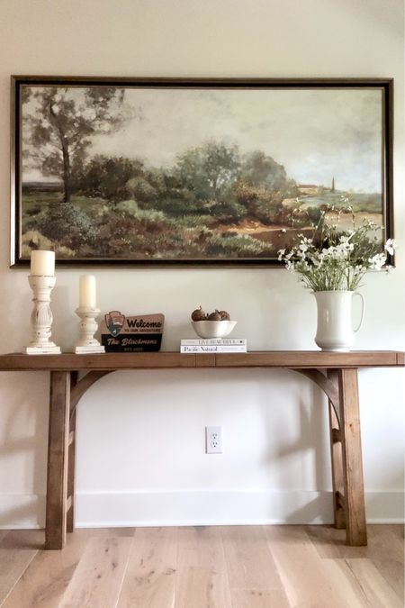 My foyer home decor

Console table
Landscape canvas framed print
Candleholder
Table books
Pitcher vase
Flower stems

#LTKHome