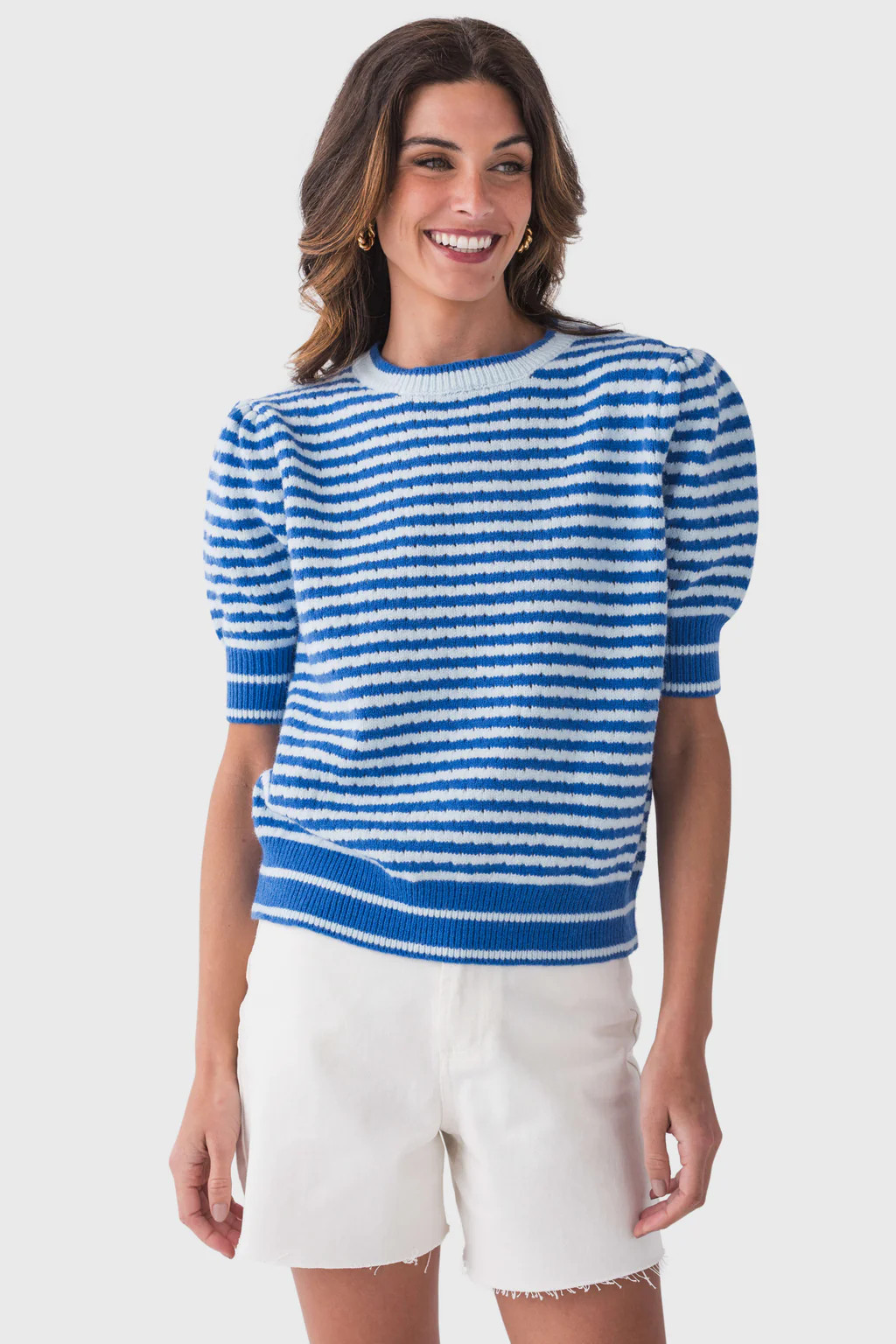 &amp;Merci Striped Pointelle Puff Sleeve Top | Social Threads