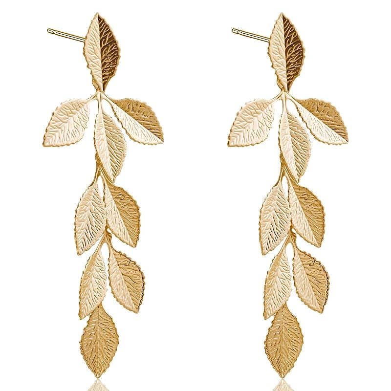 Gold Long Leaf Stud Earrings Handmade Leaf Dangling Earrings for Women Plant Earrings for Gift | Amazon (US)